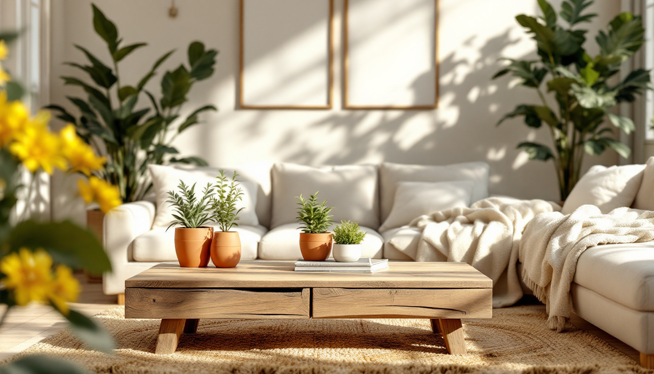 A cozy living room with a reclaimed wood coffee table, plants in terracotta pots, and a soft recycled cotton throw. Warm natural lighting fills the space.