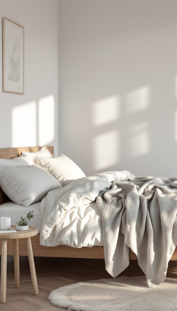 A serene bedroom with minimalist decor: white walls, a reclaimed wood bed frame, and a cozy organic cotton throw blanket, showing how simplicity can be elegant.