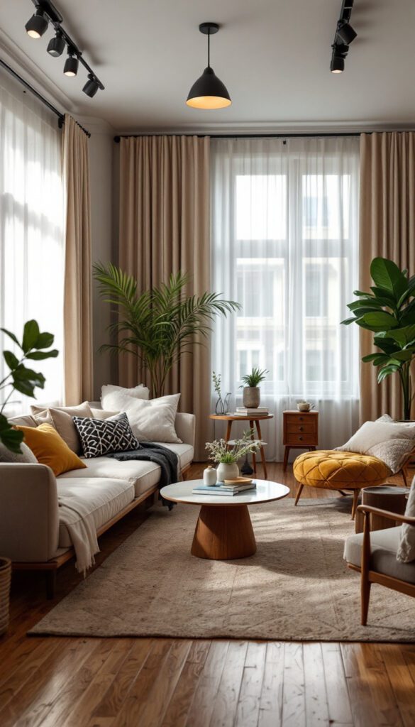 A stylish living room showcasing sustainable features like energy-efficient LED light fixtures, vintage furniture, and organic cotton curtains.