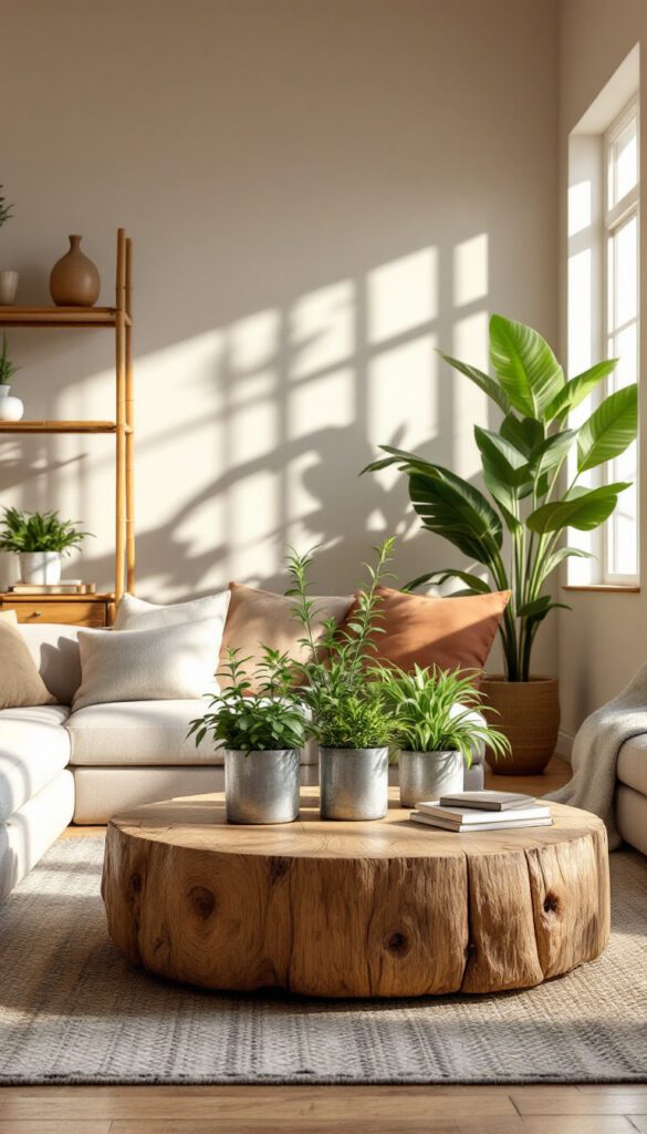 A warm, well-lit living room with a bamboo shelving unit, a reclaimed wood centerpiece, and pops of greenery from plants in recycled metal pots.