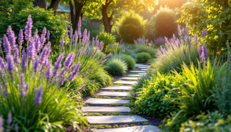 Lush low maintenance garden lavender pathways