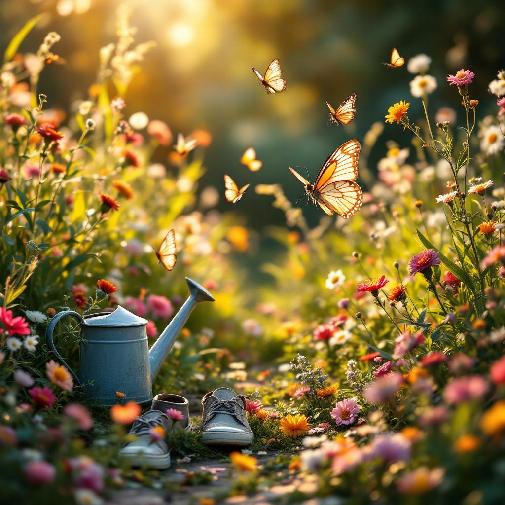 Serene garden wildflowers butterflies golden hour