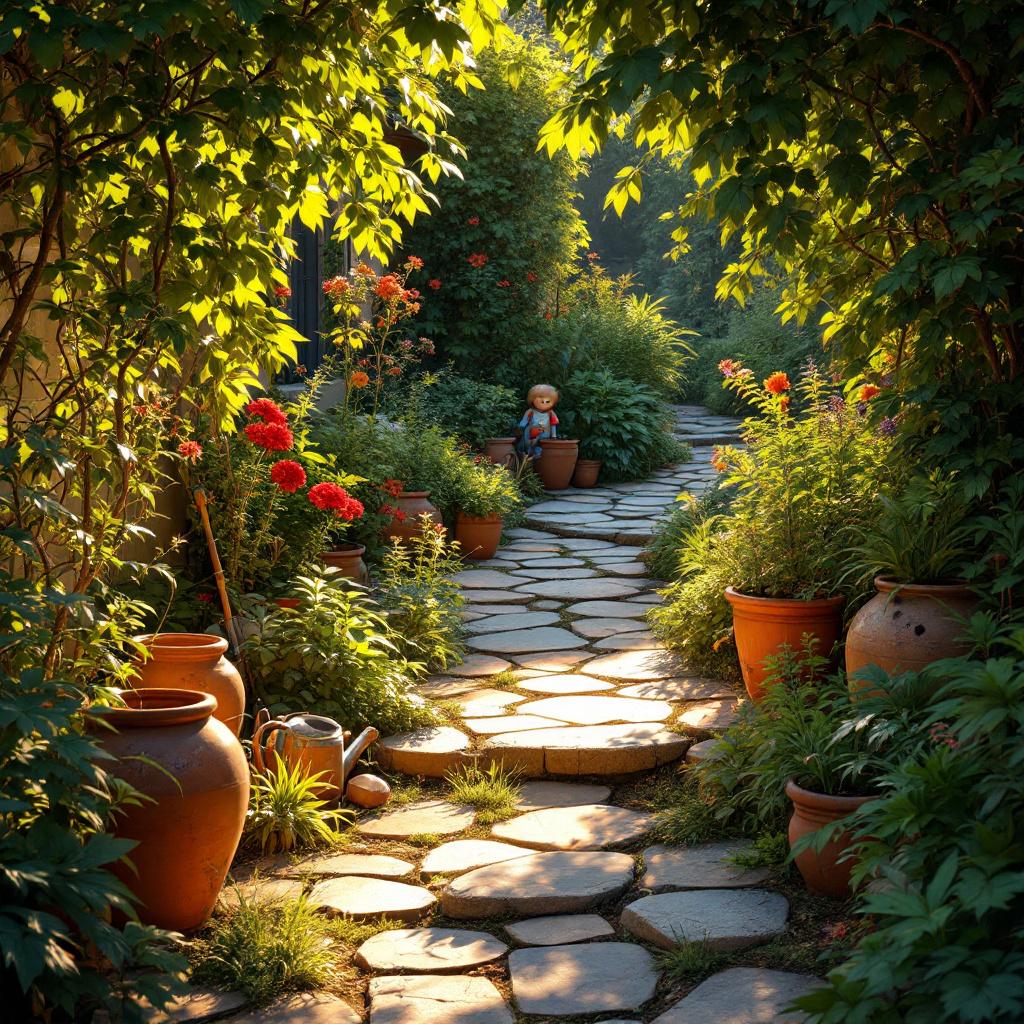 Sunlit lush garden rustic path nostalgic toy
