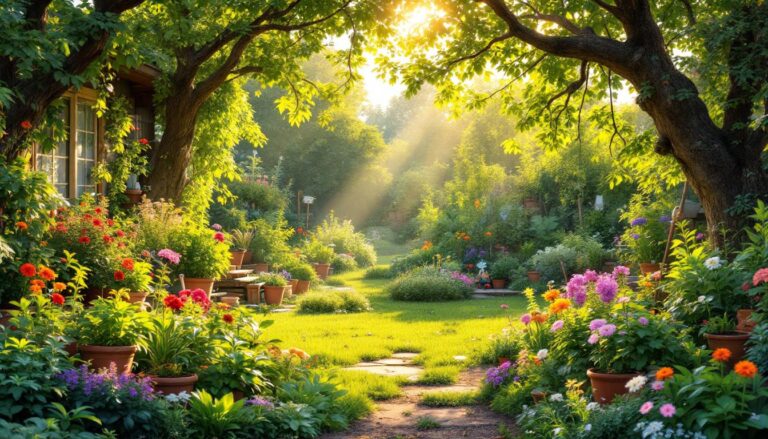Sunlit sustainable garden with flowers and tools